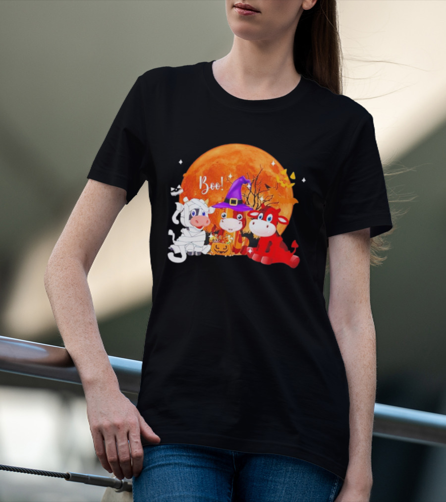 Boo Three Cow Halloween With Witch Hat Mummy And Devil In Front Of Full Moon T-Shirt
