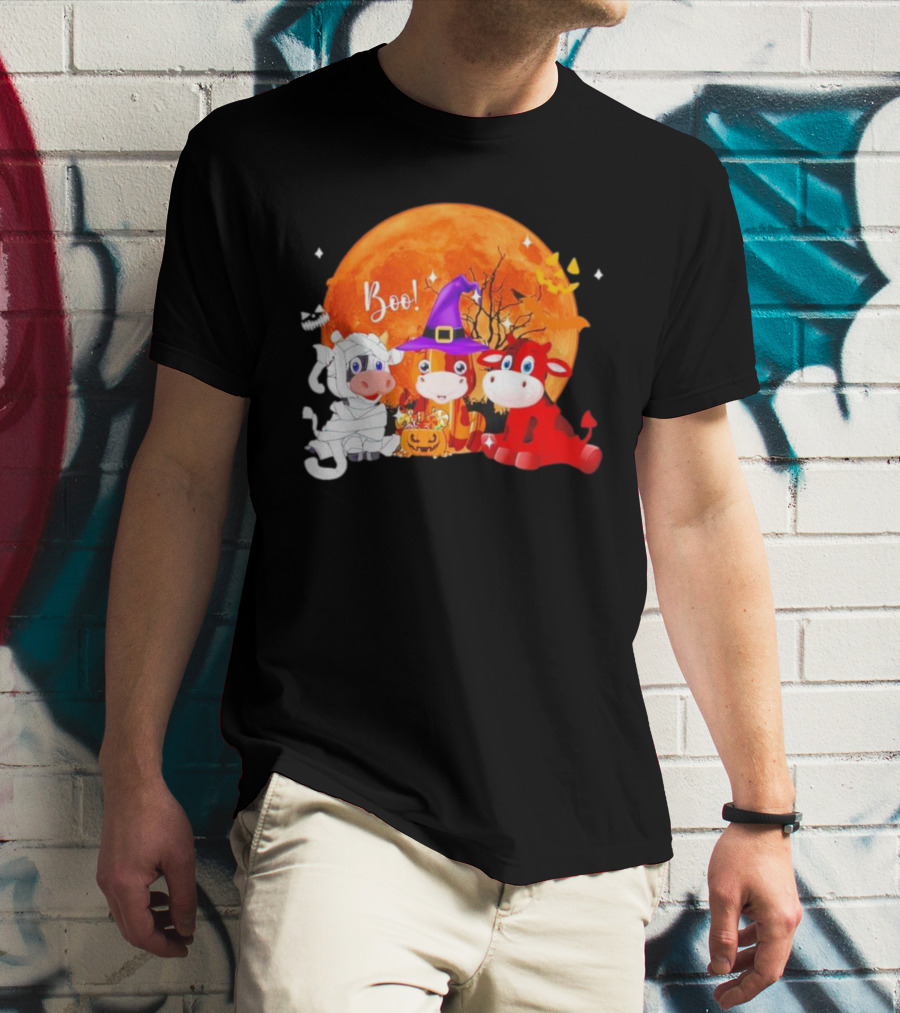 Boo Three Cow Halloween With Witch Hat Mummy And Devil In Front Of Full Moon T-Shirt
