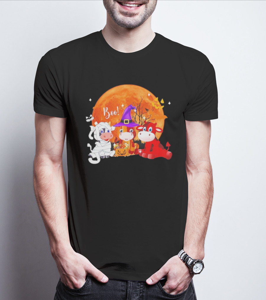 Boo Three Cow Halloween With Witch Hat Mummy And Devil In Front Of Full Moon T-Shirt