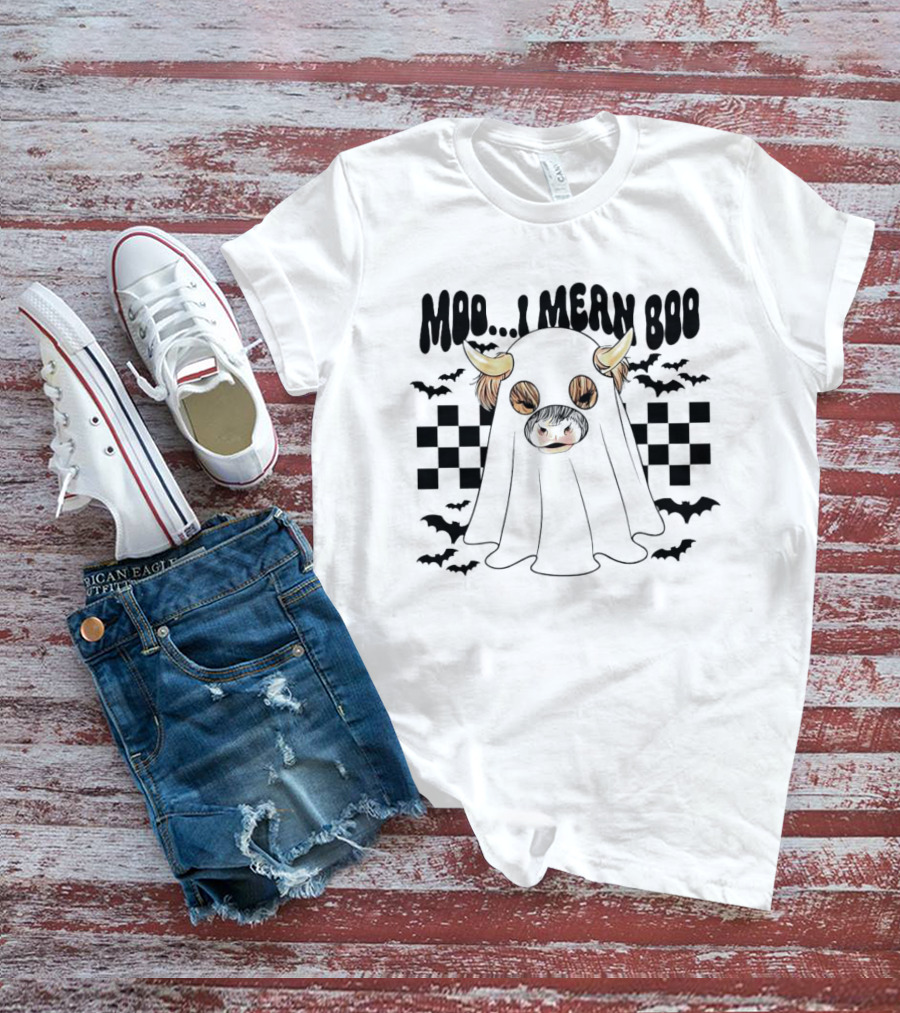 Moo I Mean Boo Ghost Cow With Bats And Checkered T-Shirt