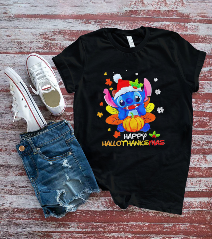 Stitch Happy Hallothanksmas Santa Hat Pumpkin Leaves Snowflakes T-Shirt