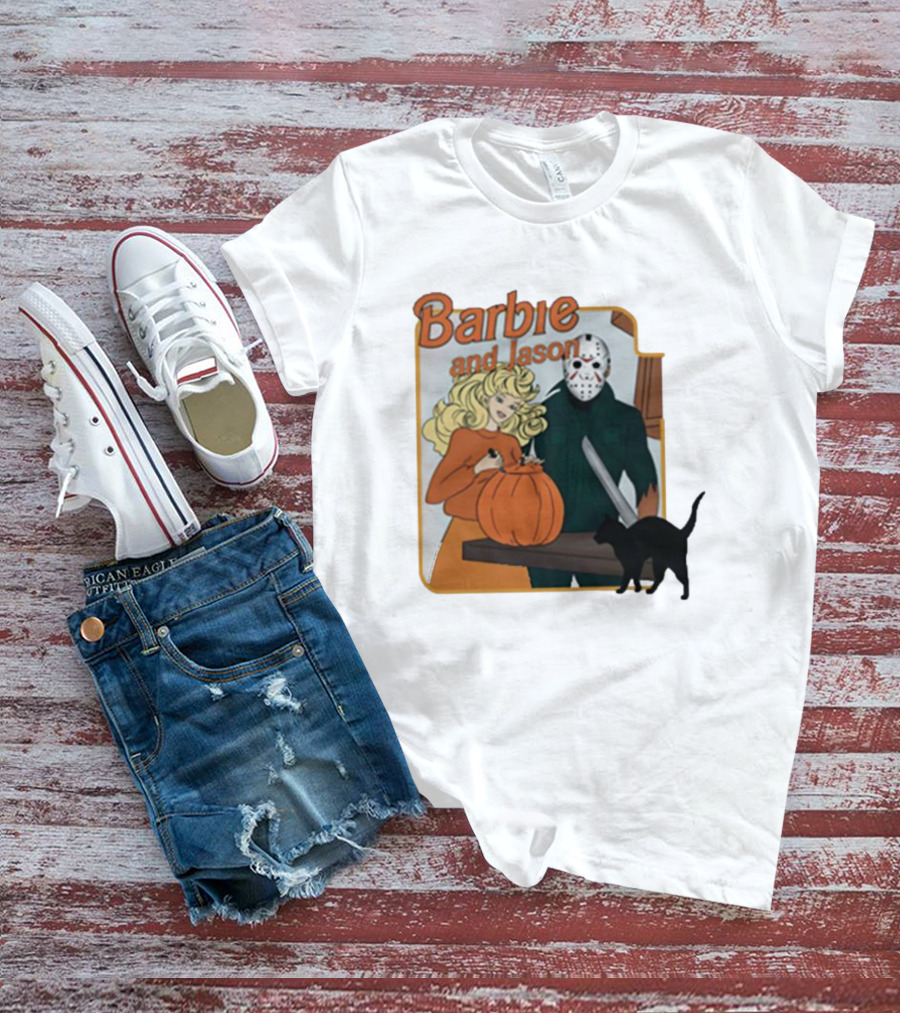 Barbie And Jason Halloween Pumpkin Carving With Black Cat T-Shirt