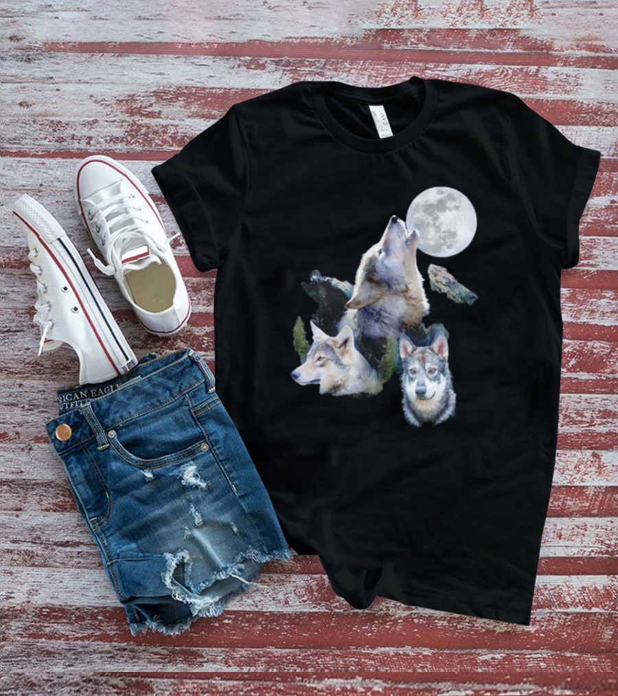 Gas Station Wolf Howling At Full Moon Trio T-Shirt