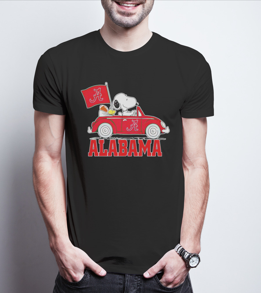 Snoopy And Woodstock Driving Red Car Alabama Crimson Tide Flag T-Shirt