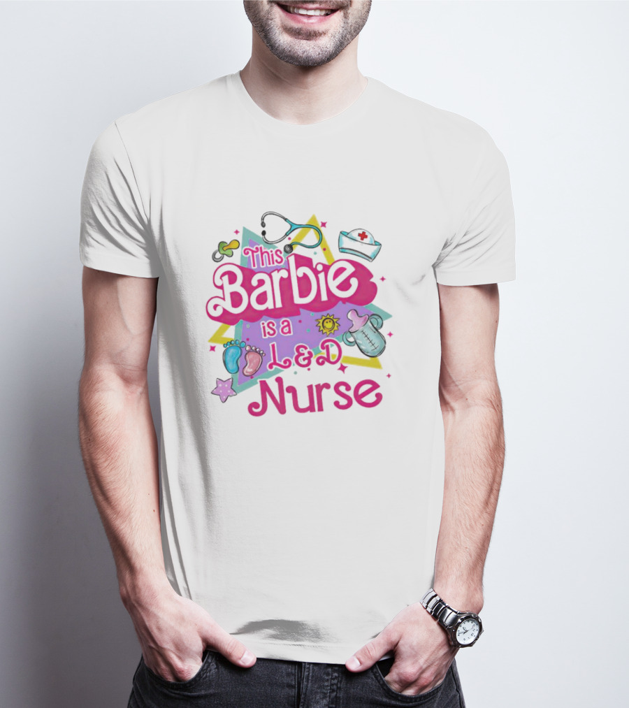 This Barbie Is A L&D Nurse With Stethoscope Baby Feet Bottle Sun Icons T-Shirt