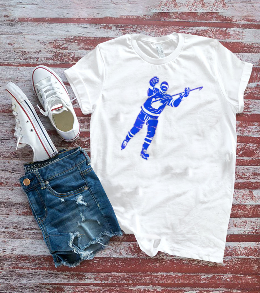 Auston Matthews Celebratory Pose Toronto Maple Leafs Player In Blue And White Hockey Gear T-Shirt