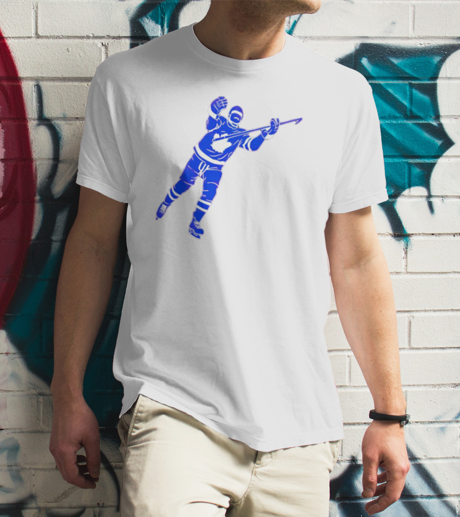 Auston Matthews Celebratory Pose Toronto Maple Leafs Player In Blue And White Hockey Gear T-Shirt
