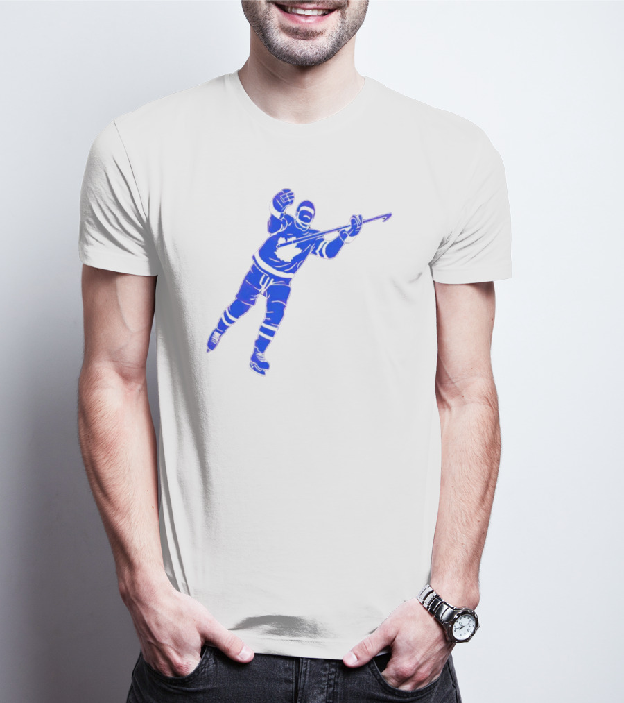 Auston Matthews Celebratory Pose Toronto Maple Leafs Player In Blue And White Hockey Gear T-Shirt