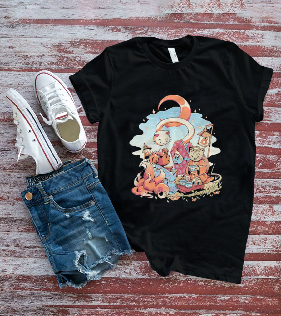Cat Night Tea Lunar Gathering Whimsical Feline Picnic T-Shirt