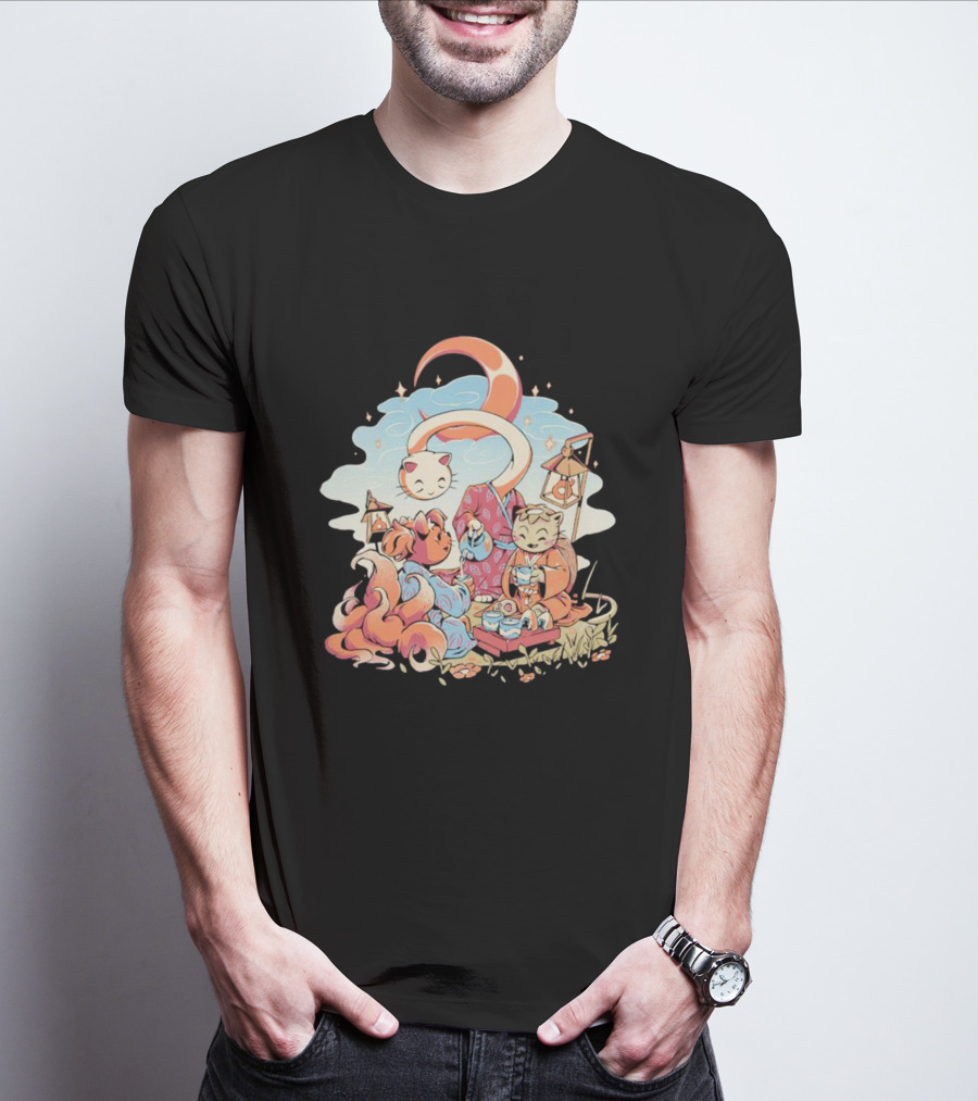 Cat Night Tea Lunar Gathering Whimsical Feline Picnic T-Shirt