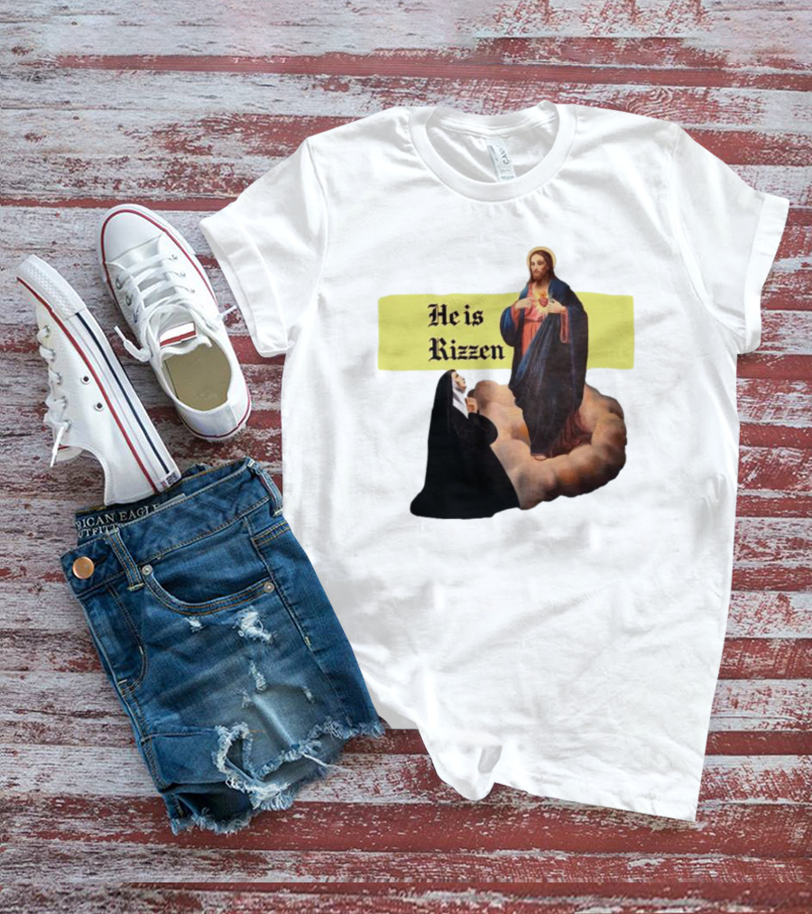 He Is Rizzen Jesus With Nun Praying On Cloud T-Shirt