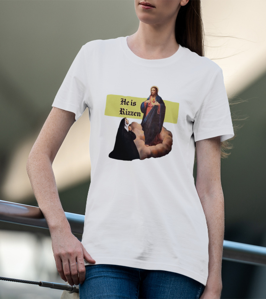 He Is Rizzen Jesus With Nun Praying On Cloud T-Shirt
