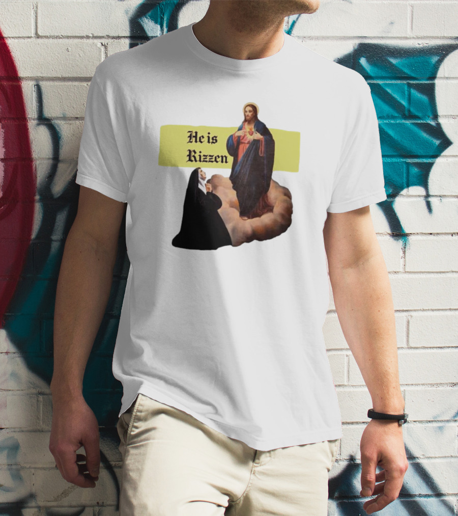 He Is Rizzen Jesus With Nun Praying On Cloud T-Shirt