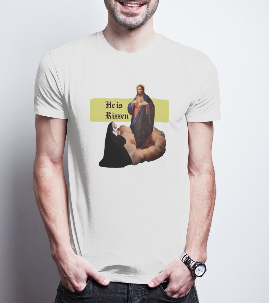 He Is Rizzen Jesus With Nun Praying On Cloud T-Shirt