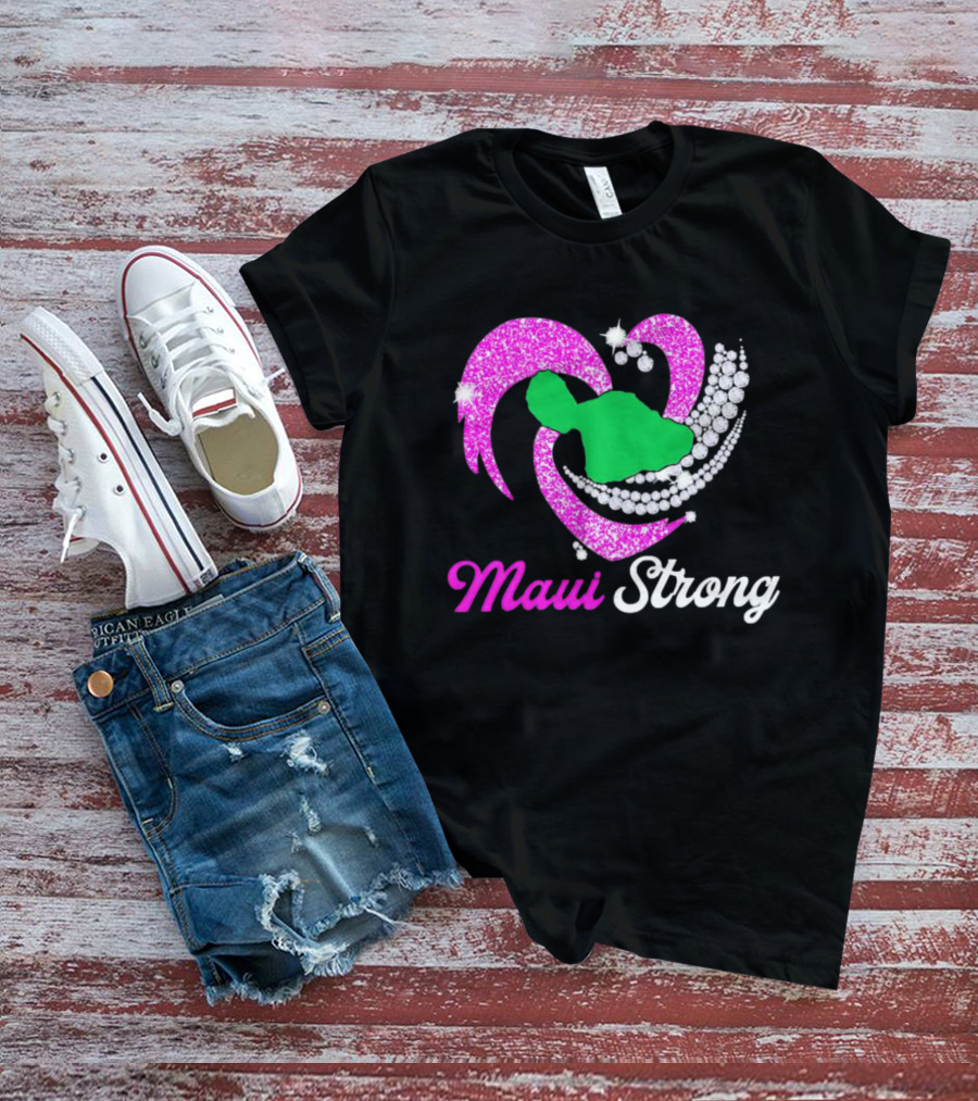 Maui Strong Pink Glitter Heart With Green Island And Diamond Accents T-Shirt