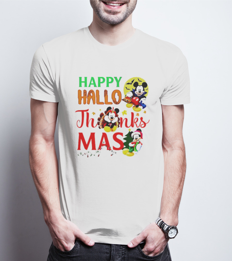 Mickey Mouse Happy Hallothanksmas Halloween Thanksgiving Christmas T-Shirt