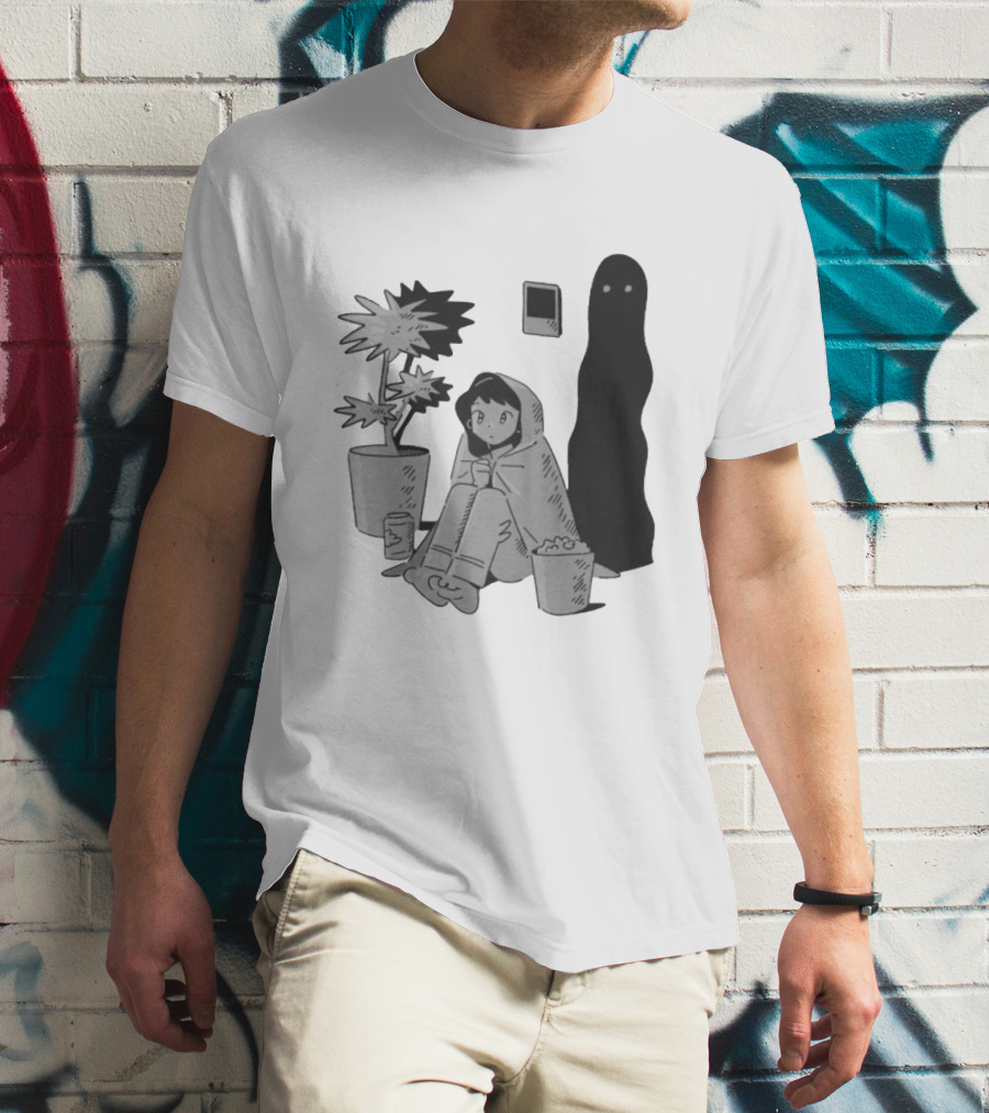 Phantom Cozy: Ghostly Companion And Snuggled Figure With Plant And Snacks T-Shirt