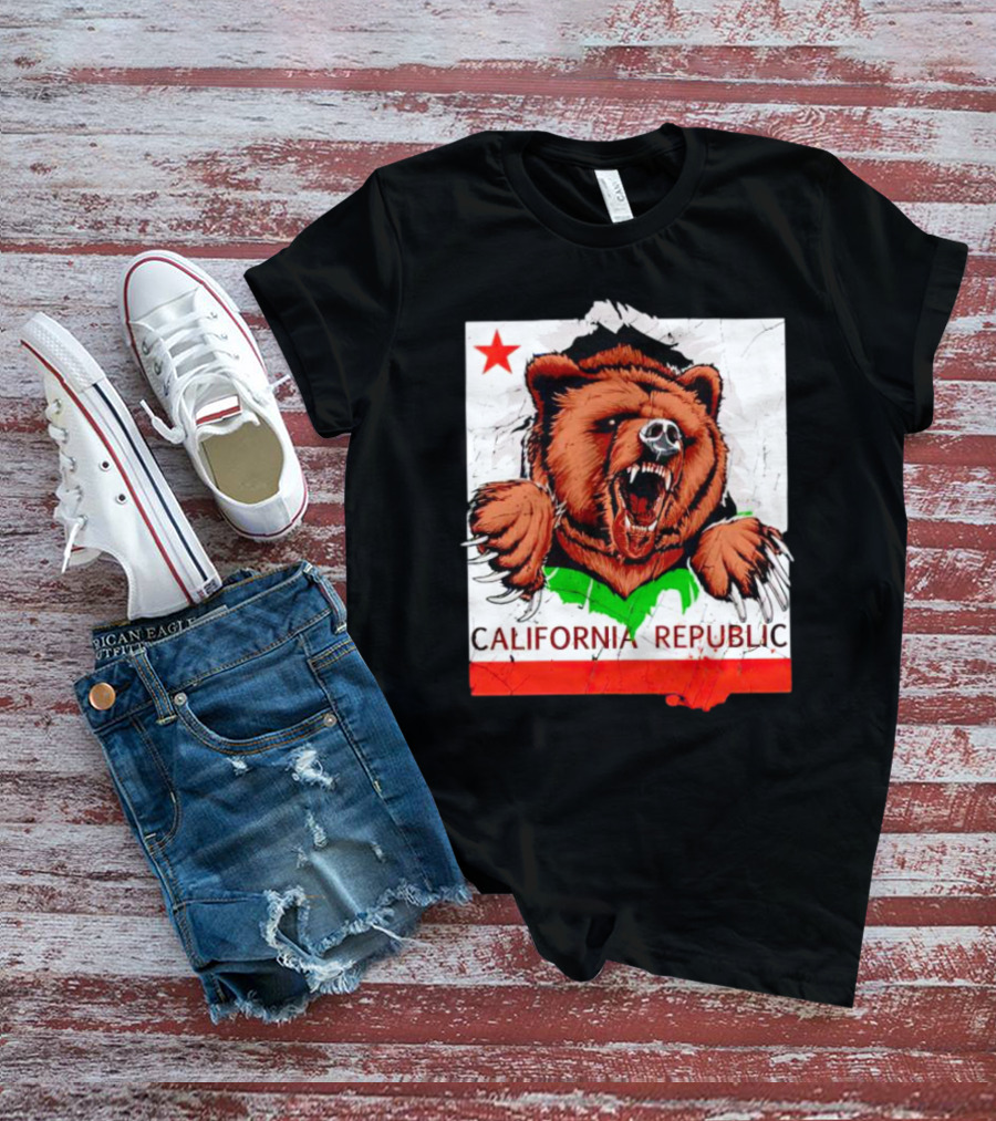 California Republic Bear Roaring Star Red Stripe T-Shirt