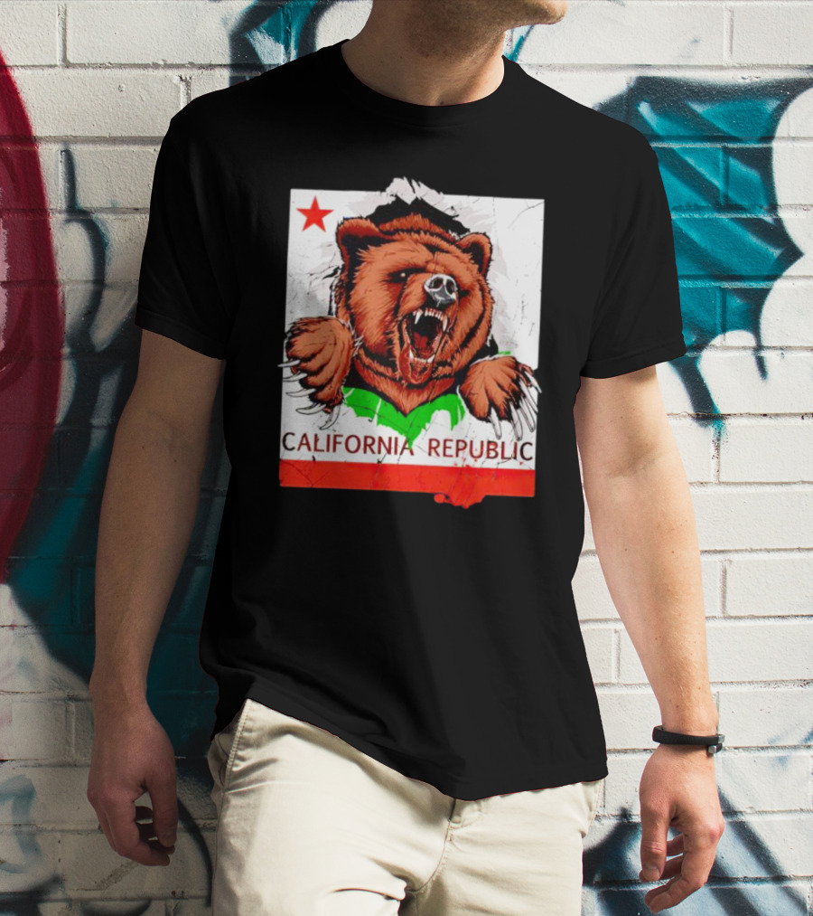 California Republic Bear Roaring Star Red Stripe T-Shirt