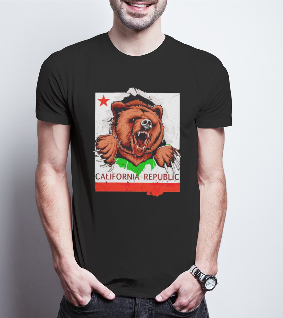 California Republic Bear Roaring Star Red Stripe T-Shirt