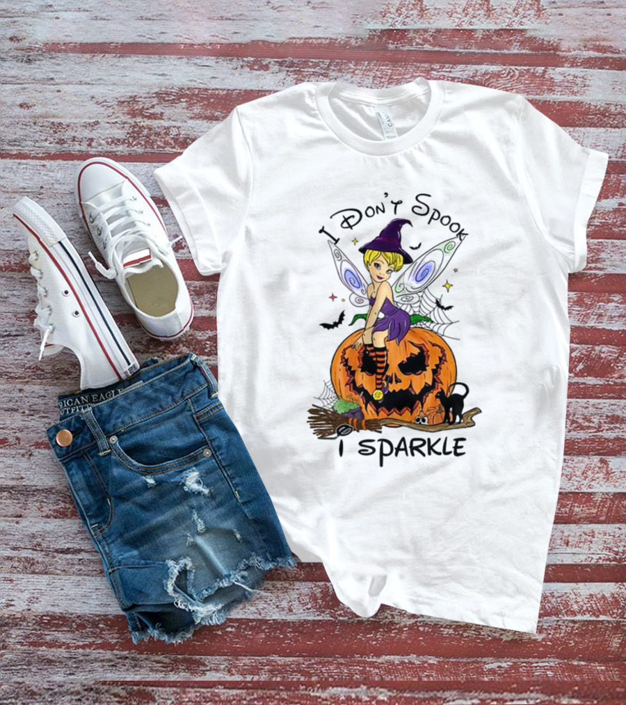 I Don’t Spook I Sparkle Witch Fairy On Pumpkin Halloween Scene T-Shirt