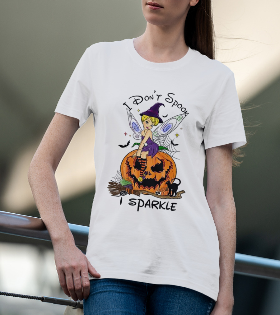 I Don’t Spook I Sparkle Witch Fairy On Pumpkin Halloween Scene T-Shirt
