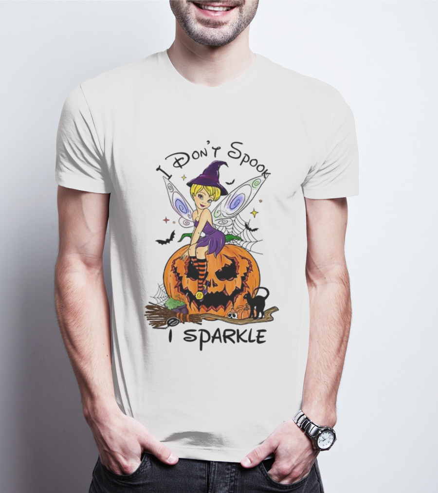 I Don’t Spook I Sparkle Witch Fairy On Pumpkin Halloween Scene T-Shirt