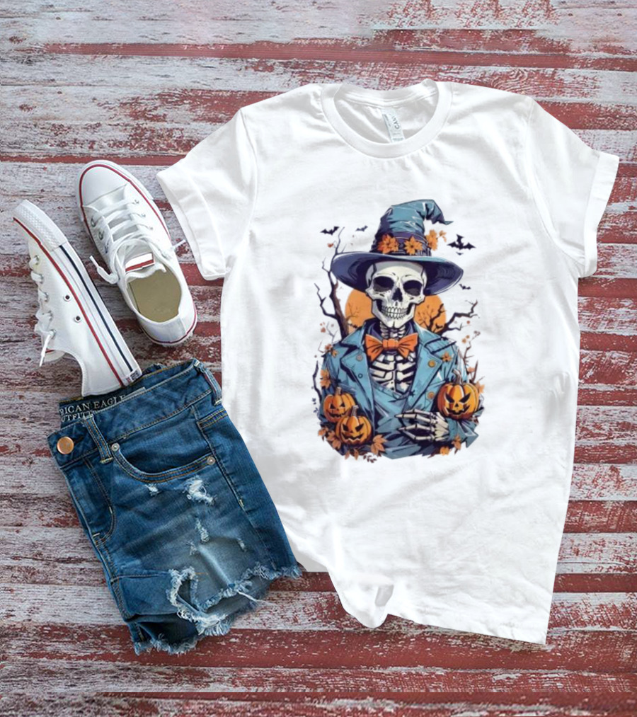 Happy Halloween Skeleton Jack-O'-Lantern Bow Tie Hat T-Shirt