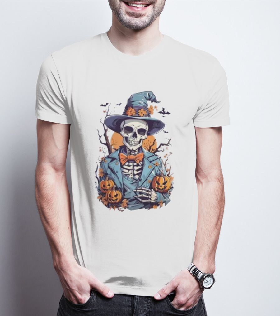 Happy Halloween Skeleton Jack-O'-Lantern Bow Tie Hat T-Shirt