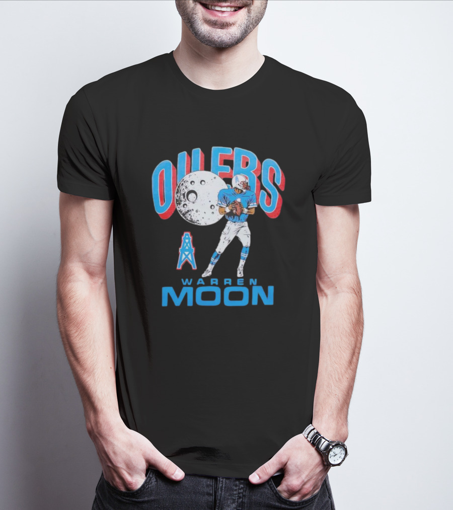 Oilers Warren Moon Football Player With Oil Derrick And Moon Balloon T-Shirt