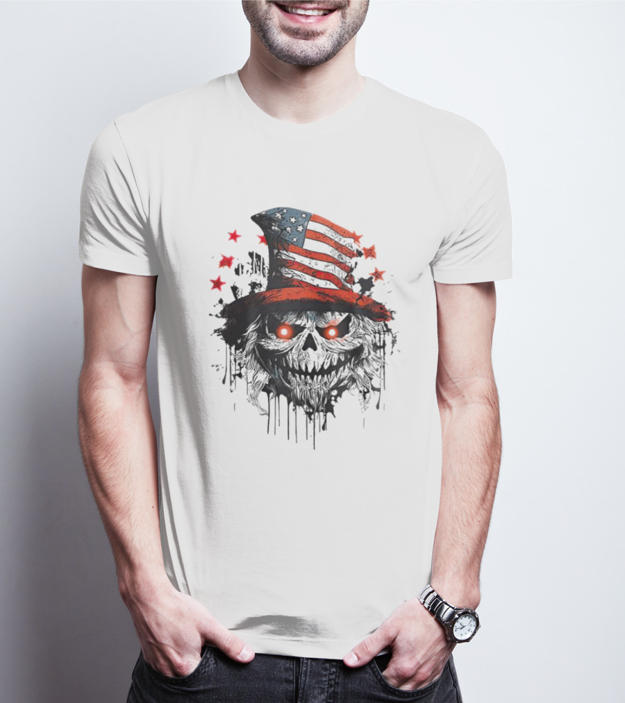 Uncle Sam Skull With American Flag Hat And Red Stars T-Shirt