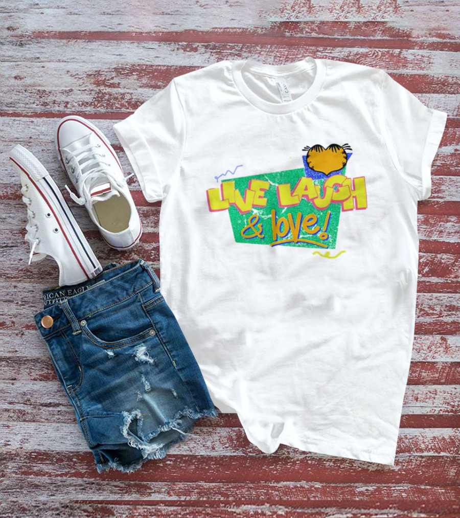 LIVE LAUGH And LOVE Garfield Cartoon Style Retro Typography T-Shirt