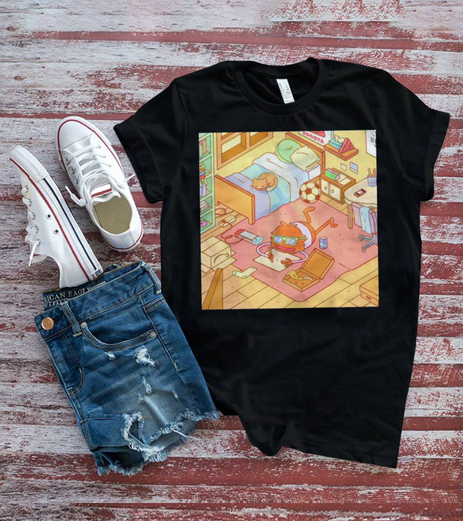 Chillin' Wolfi Gaming Bedroom With Cat And Pizza T-Shirt