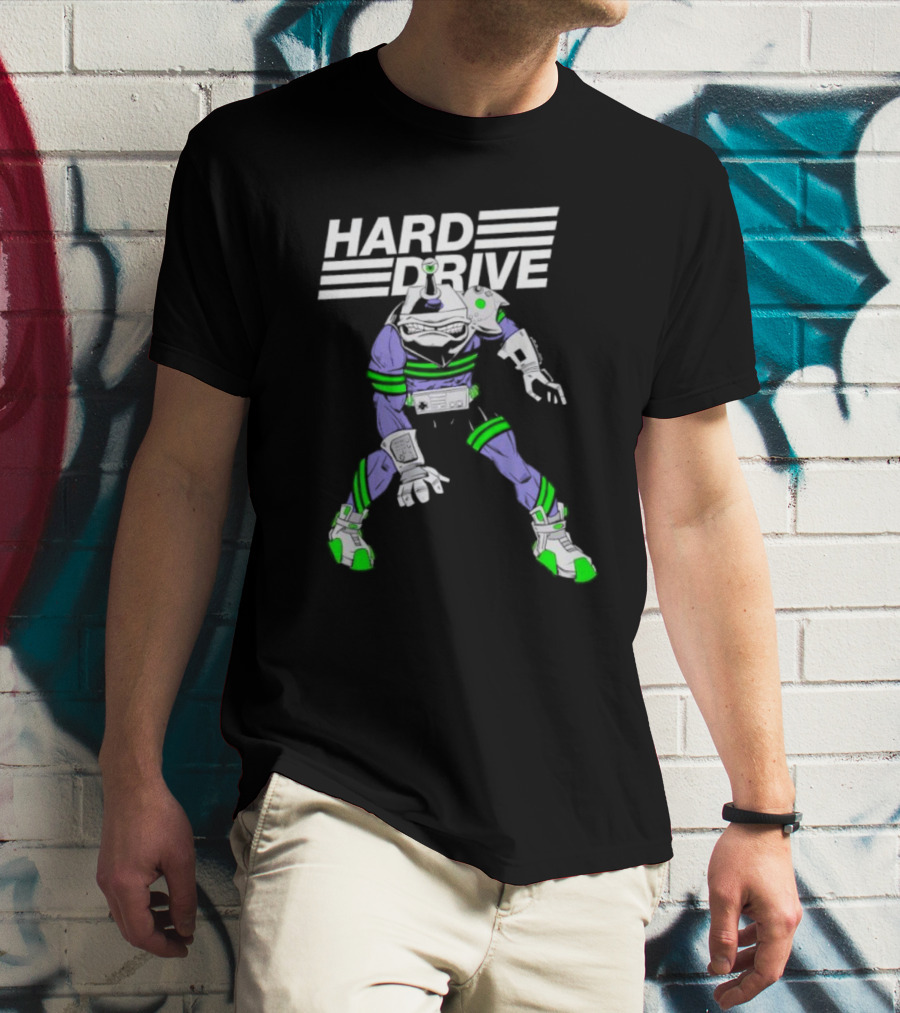 HARD DRIVE Futuristic Cyborg With Green And Purple Accents T-Shirt