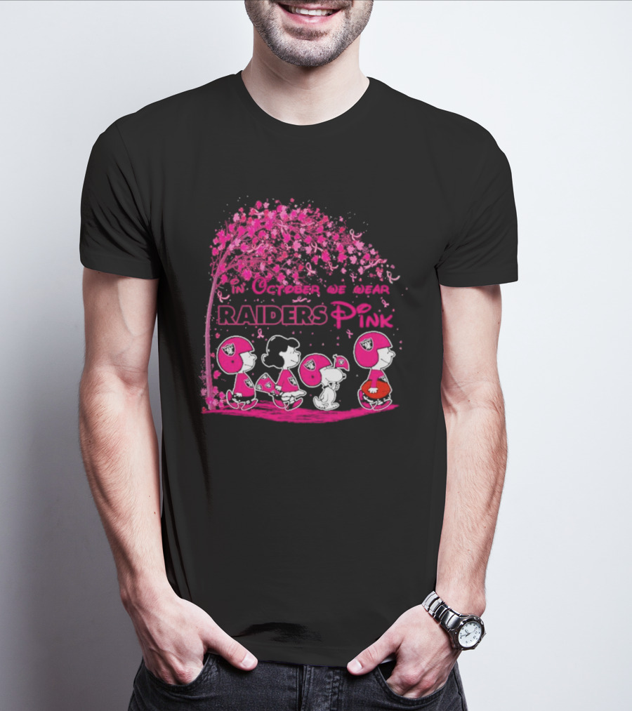 In October We Wear Raiders Pink Peanuts Breast Cancer Awareness T-Shirt