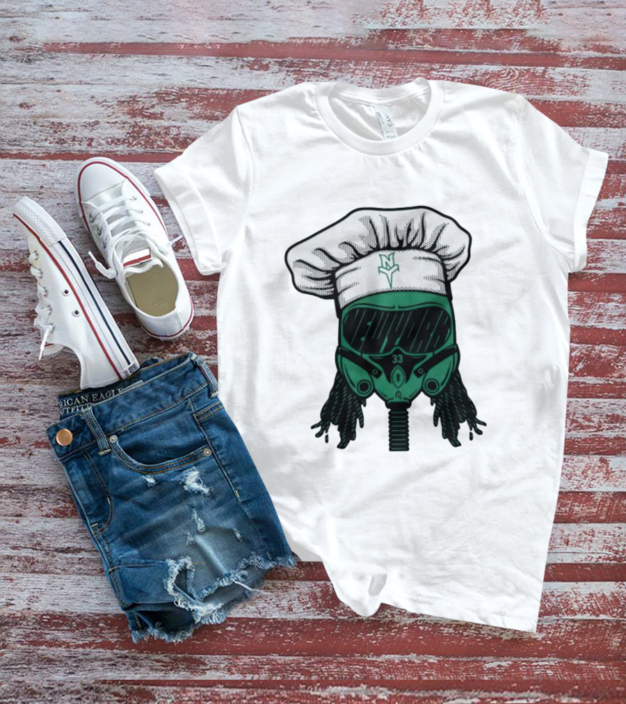 Jet Pilot Cook Chef Hat And Mask With Green Helmet And Braids T-Shirt