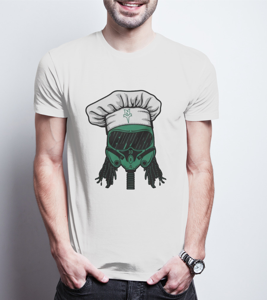Jet Pilot Cook Chef Hat And Mask With Green Helmet And Braids T-Shirt