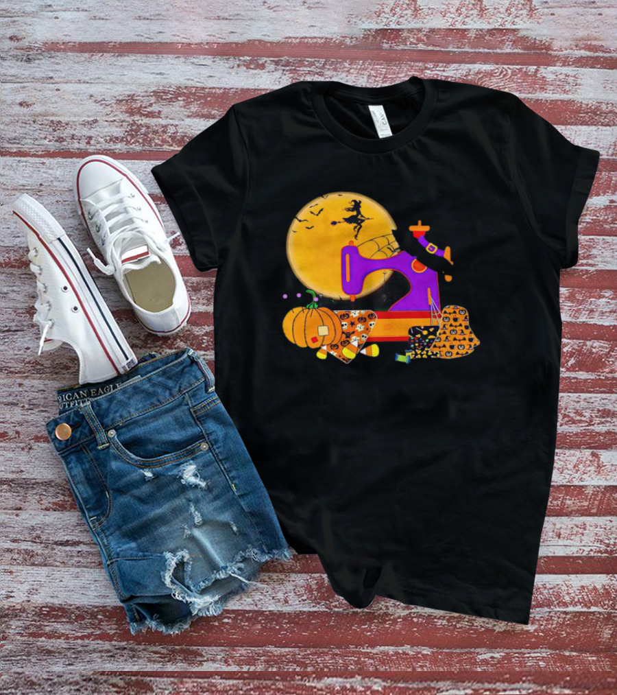 Halloween Witch Flying Over Sewing Machine With Pumpkins And Patchwork T-Shirt