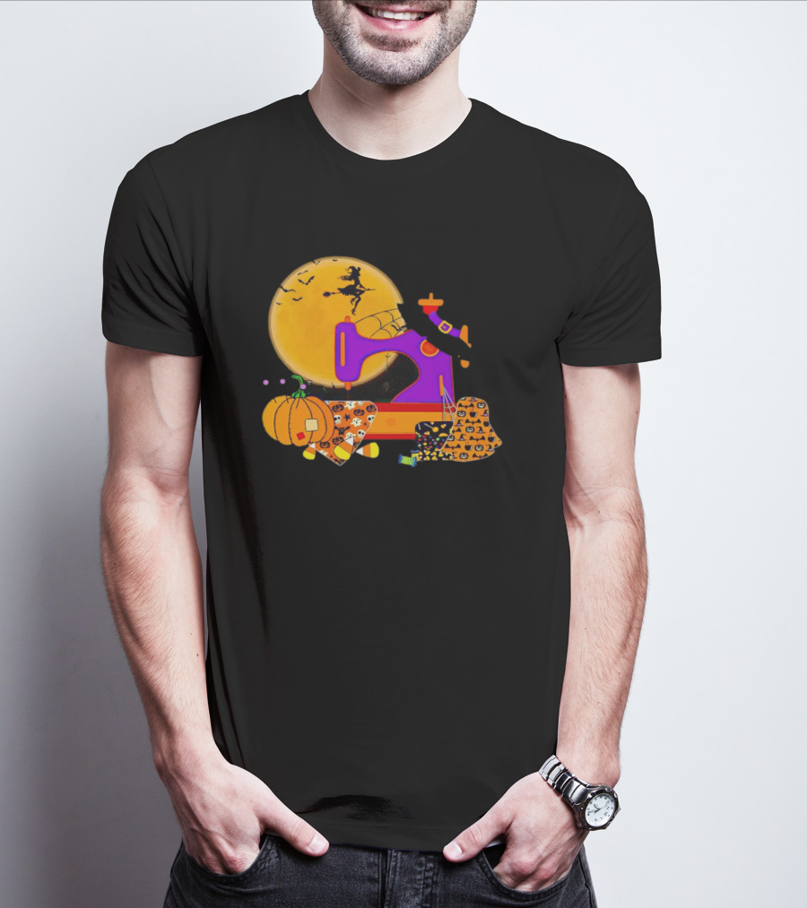 Halloween Witch Flying Over Sewing Machine With Pumpkins And Patchwork T-Shirt