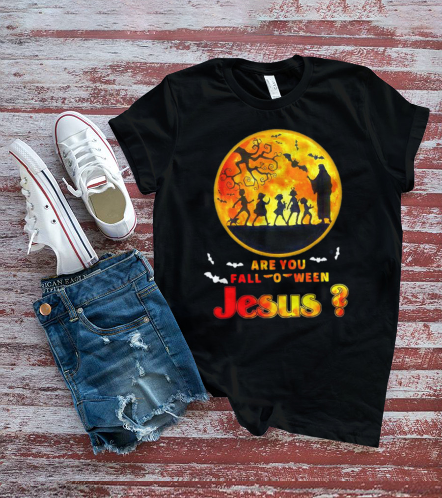 Are You Fall O Ween Jesus Halloween Silhouette With Bats And Tree T-Shirt