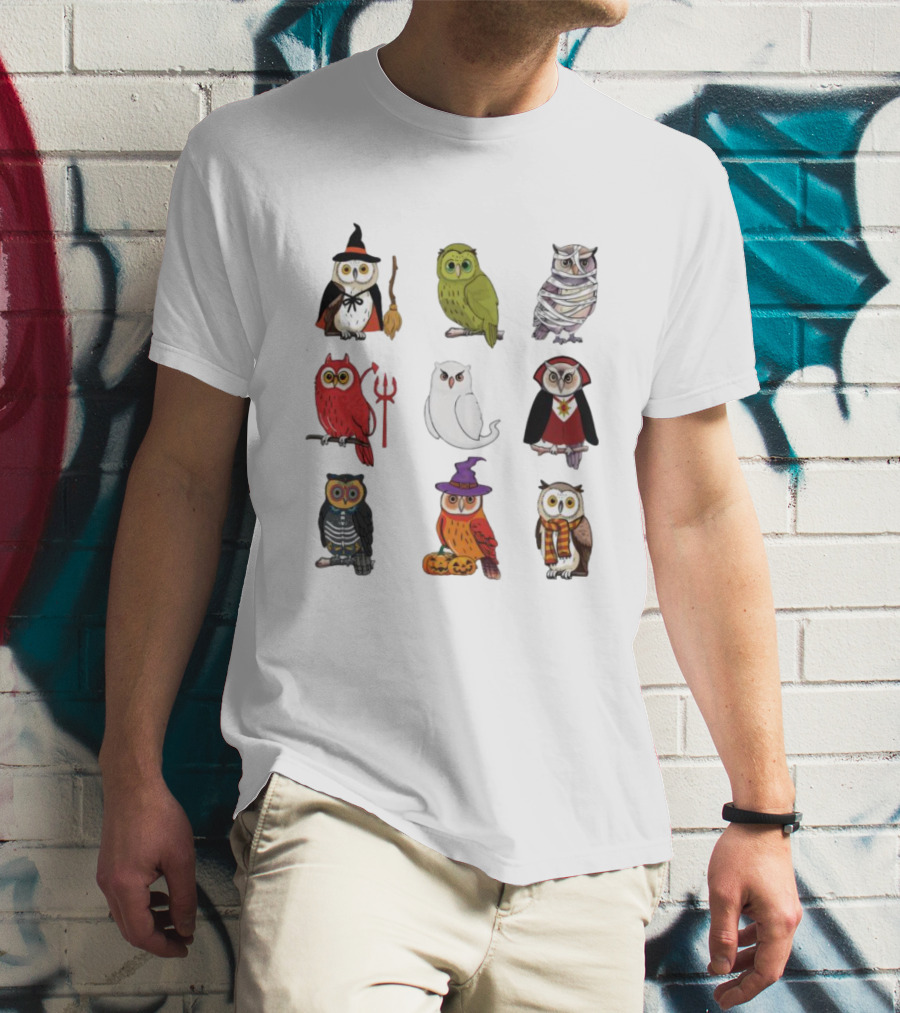 Halloween Witch Ghost Mummy Vampire Devil Skeleton Pumpkins Scarf Owls T-Shirt