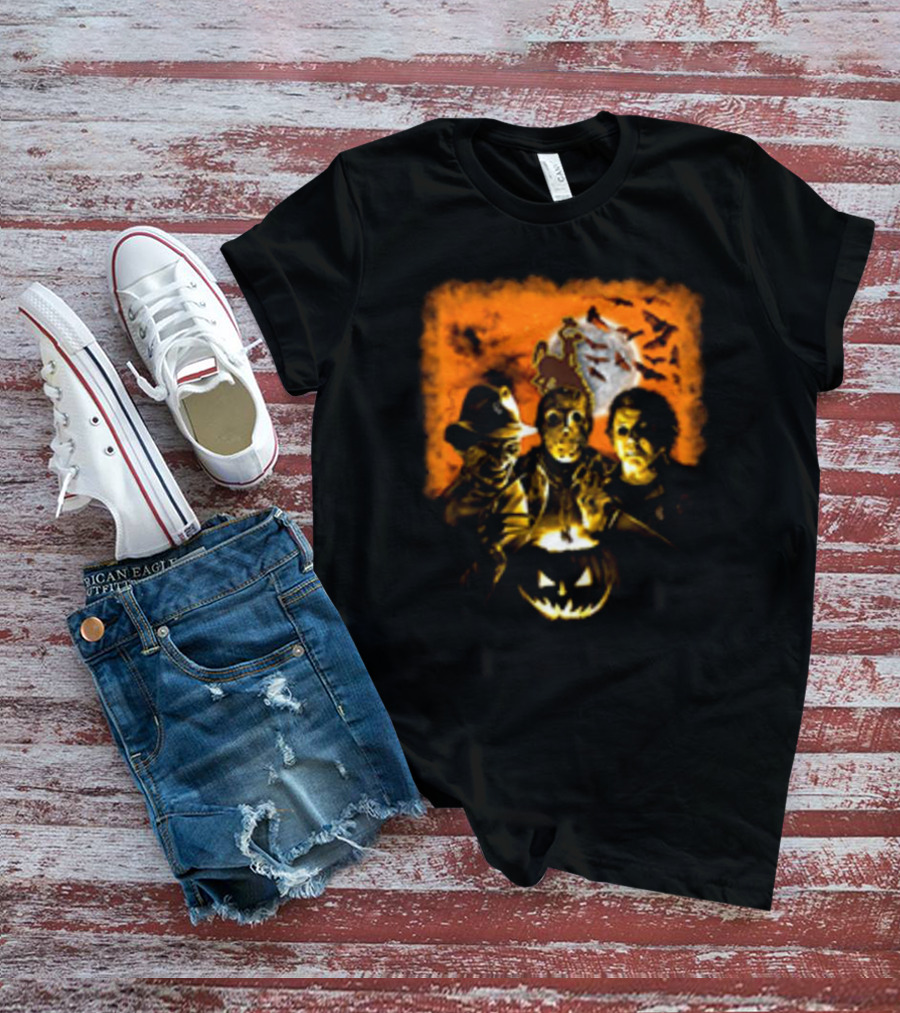 Horror Movies Freddy Krueger Jason Voorhees Michael Myers Halloween Wyoming Cowboys Jack-O'-Lantern Moon Bats T-Shirt