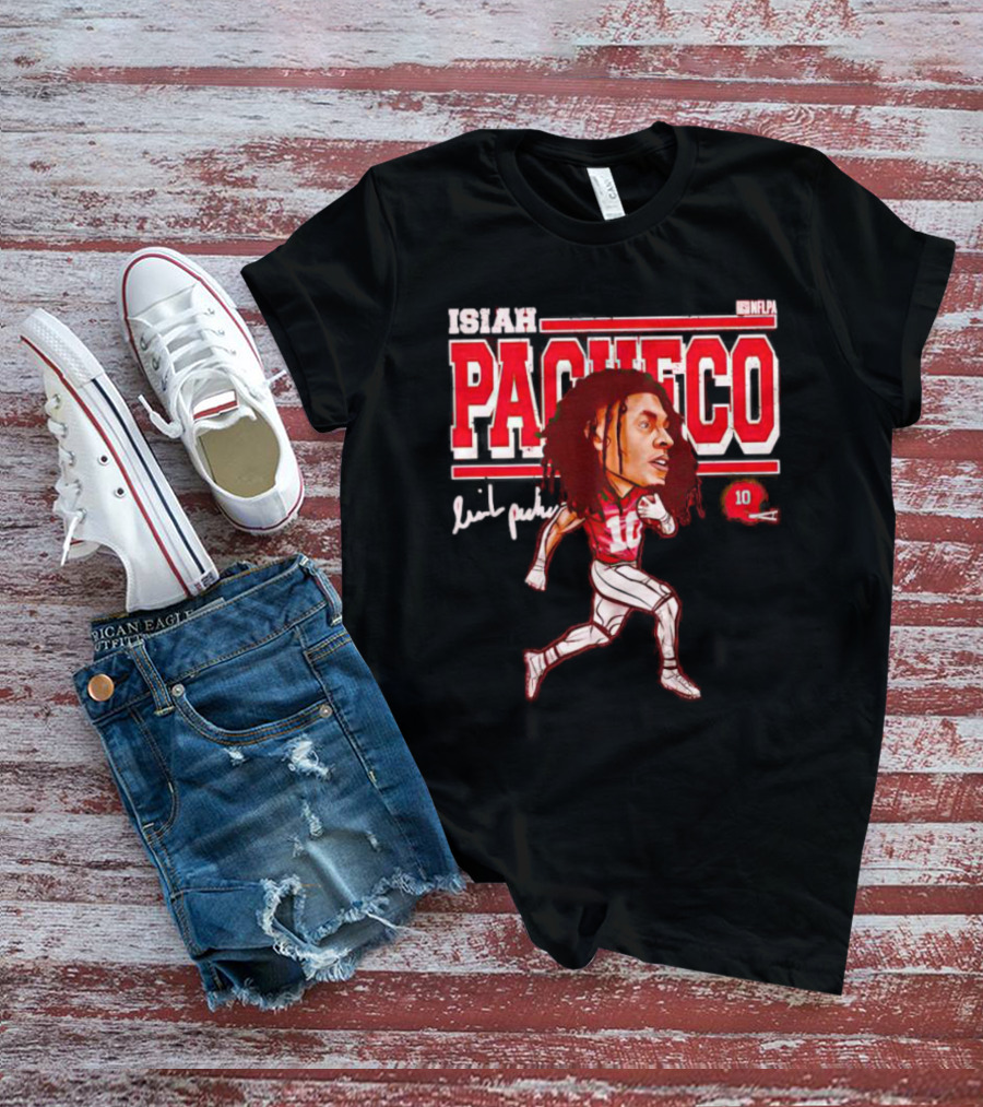 ISIAH PACHECO NFLPA Signature Caricature With Number 10 And Red Helmet T-Shirt