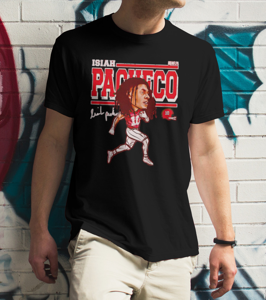 ISIAH PACHECO NFLPA Signature Caricature With Number 10 And Red Helmet T-Shirt