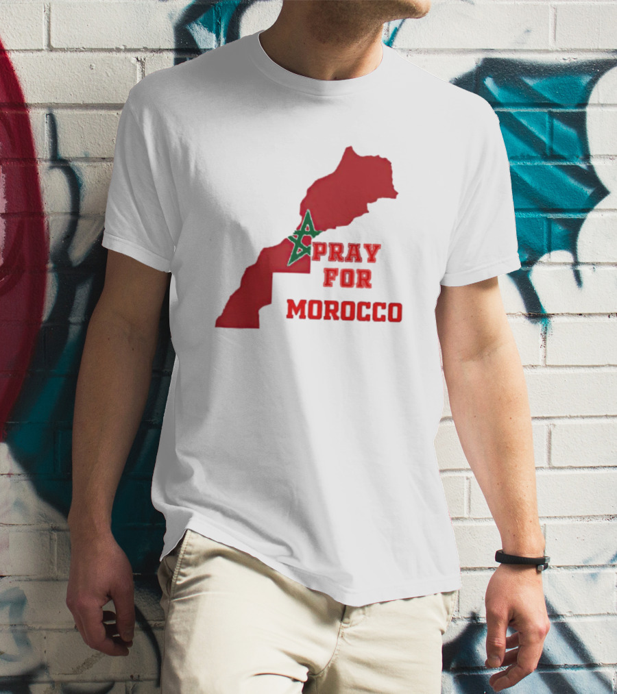 Pray For Morocco Map With Green Star And Red T-Shirt