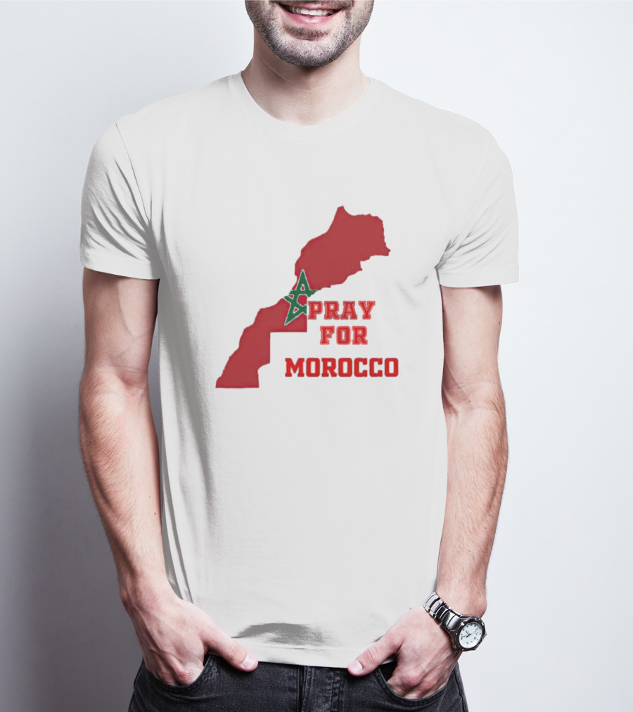 Pray For Morocco Map With Green Star And Red T-Shirt