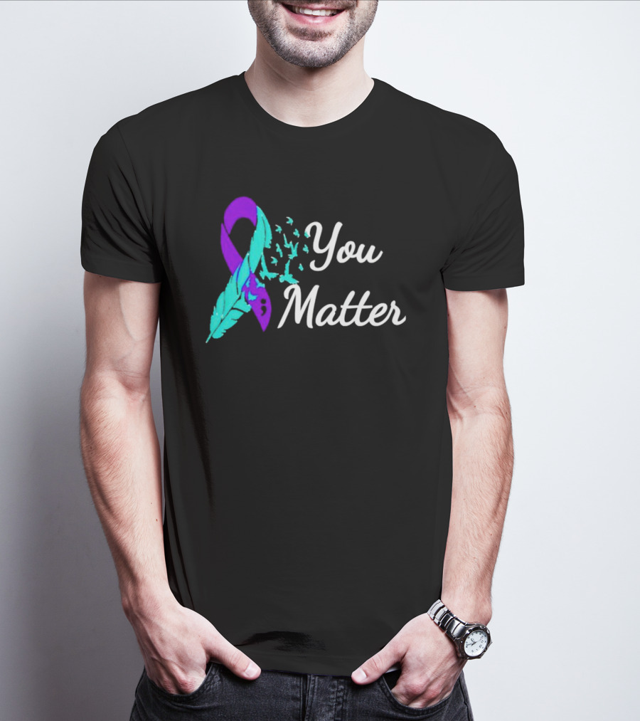 You Matter Suicide Prevention Purple Teal Ribbon Feather And Birds T-Shirt