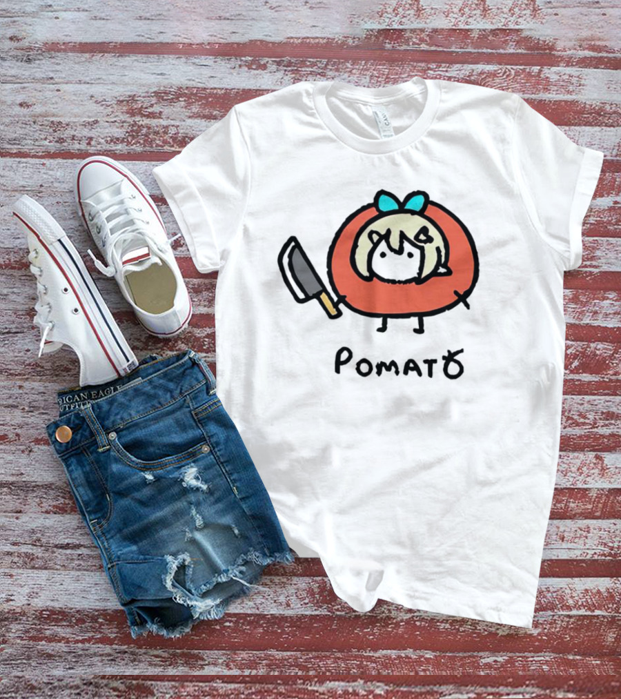 Pomato Tuna Character With Knife And Blue Bow T-Shirt