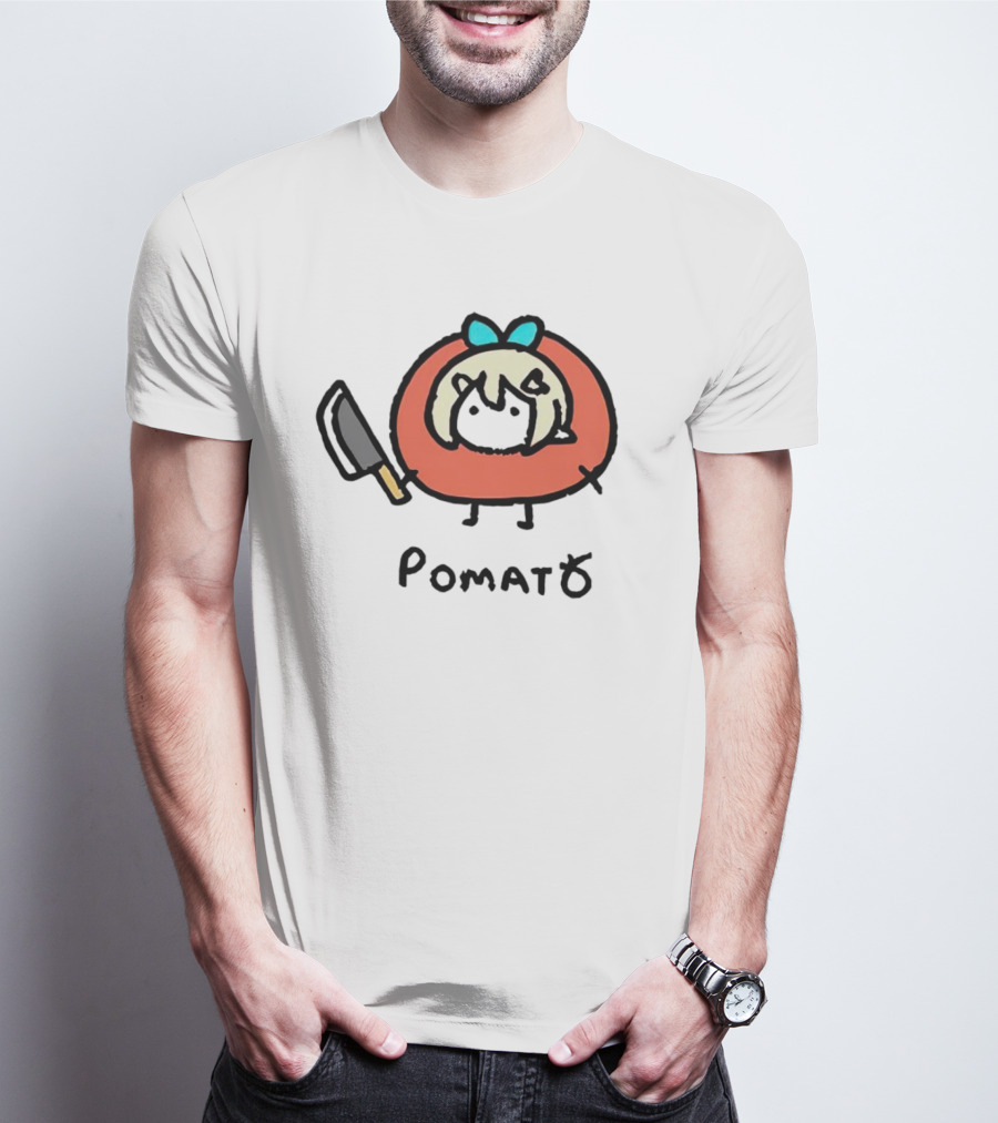 Pomato Tuna Character With Knife And Blue Bow T-Shirt