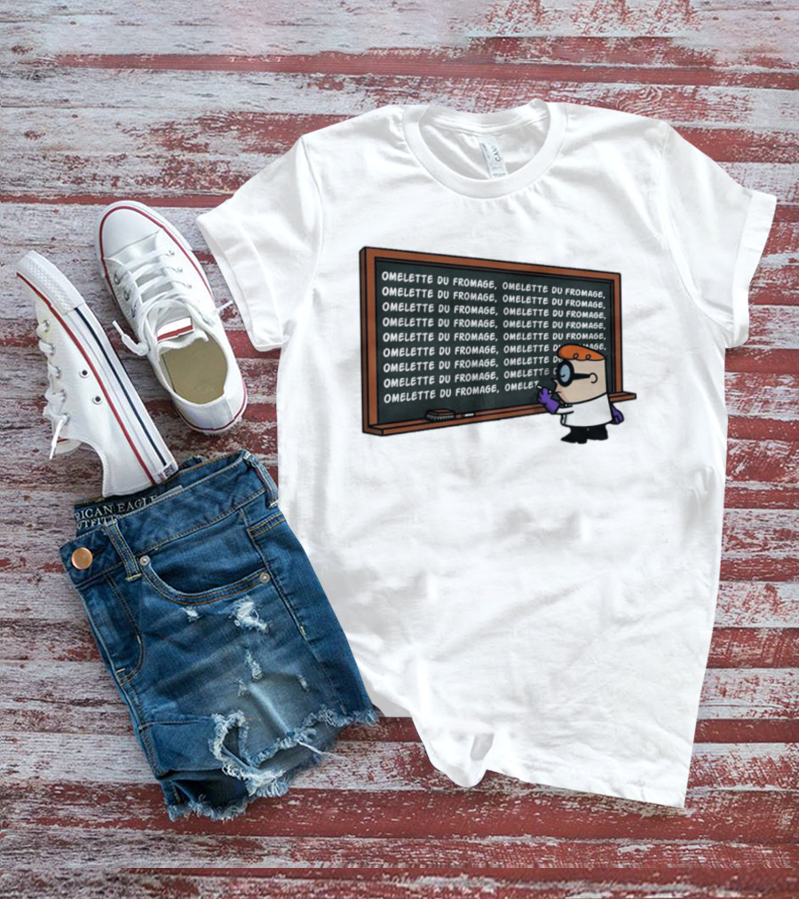 Omelette Du Fromage Chalkboard Cartoon Character Writing T-Shirt